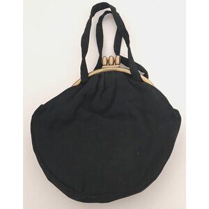 Vintage Black Material Handbag Purse Bag Classy Golden Tone Hardware